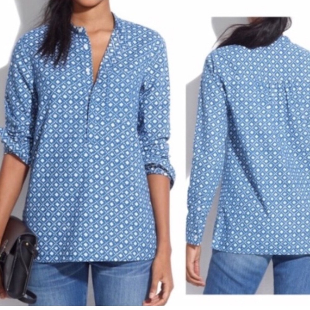 MADEWELL | Popover Shirt Floral Stamp Chambray Blouse Top Blue